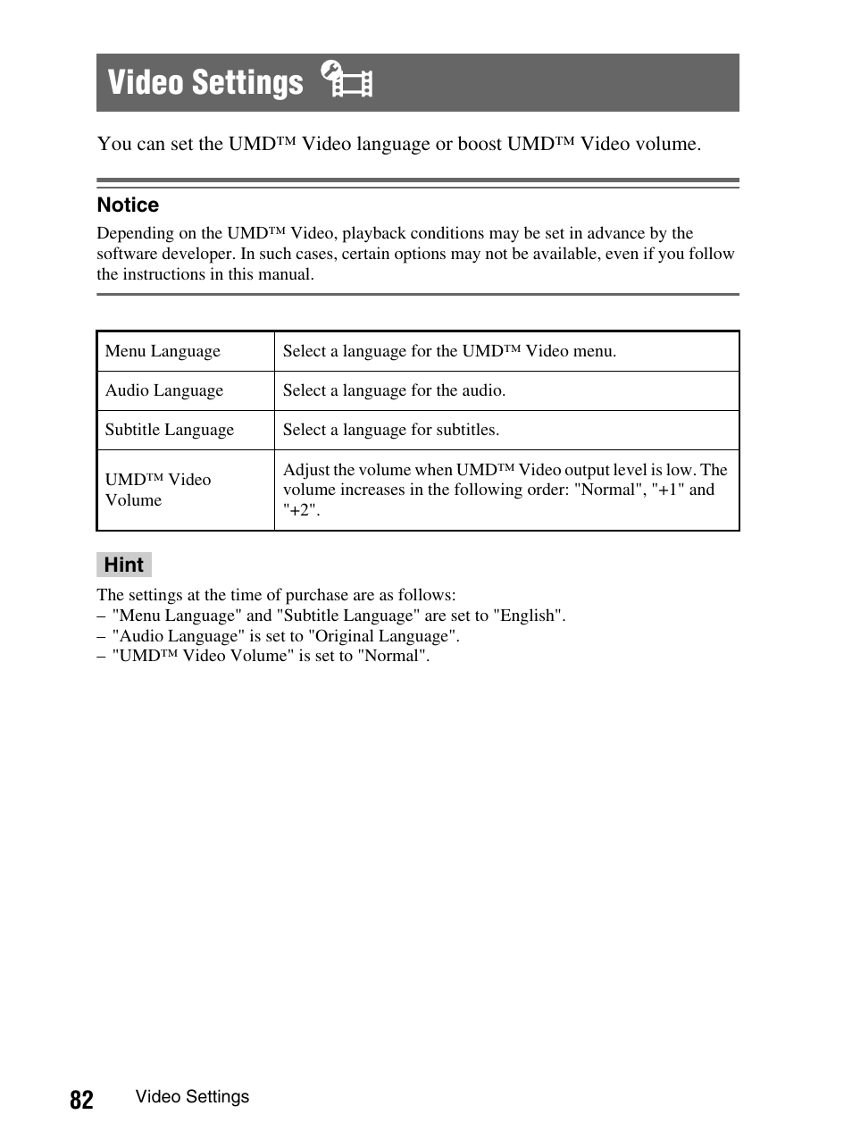 Video settings | Sony PlayStation Portable PSP-1003 K User Manual | Page 82 / 132