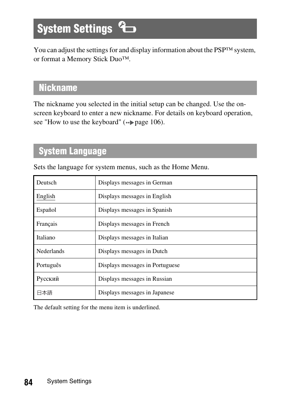 System settings, Nickname system language | Sony PlayStation Portable PSP-1003 K User Manual | Page 84 / 132