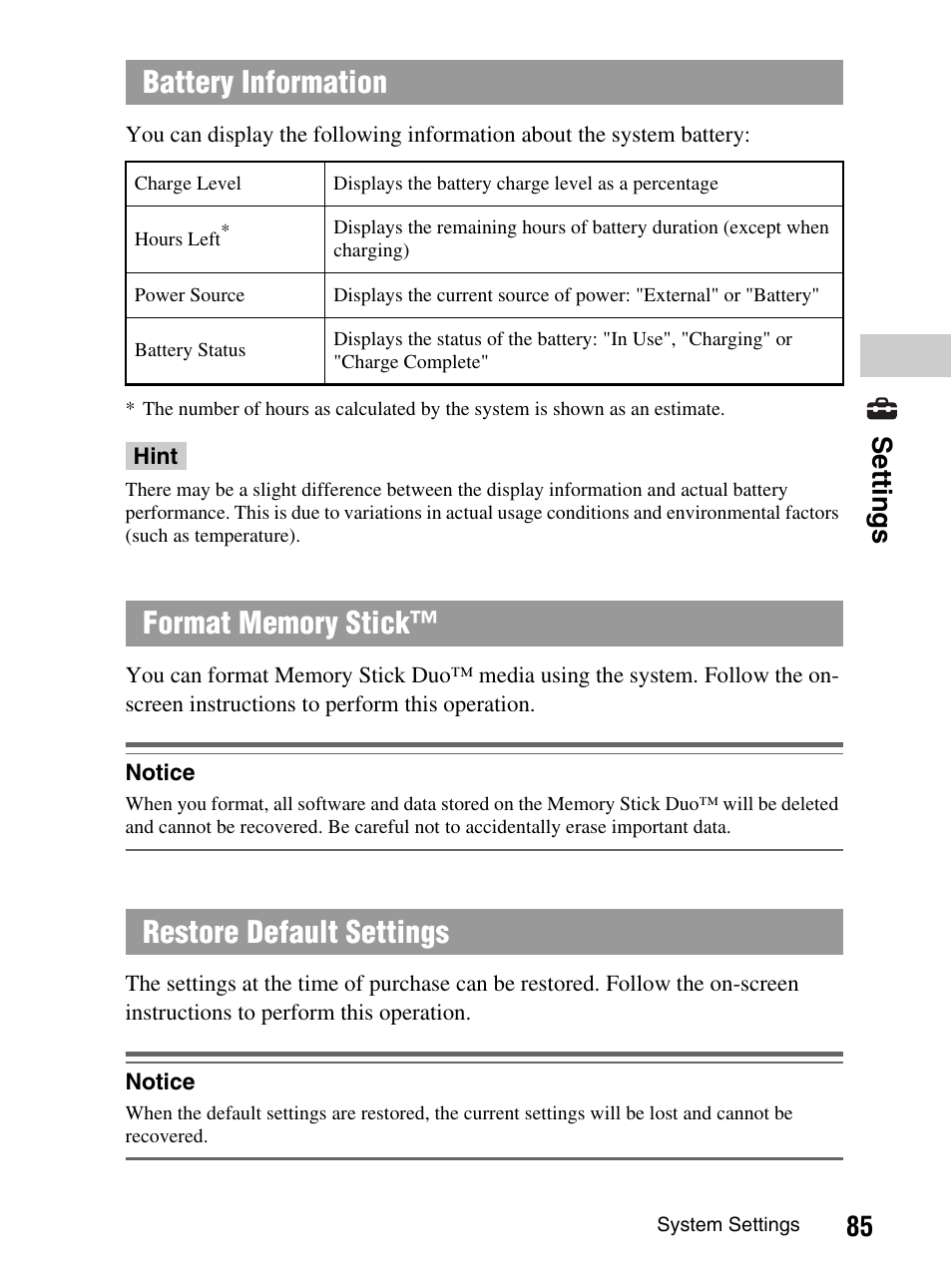 Battery information, 85 set tings | Sony PlayStation Portable PSP-1003 K User Manual | Page 85 / 132