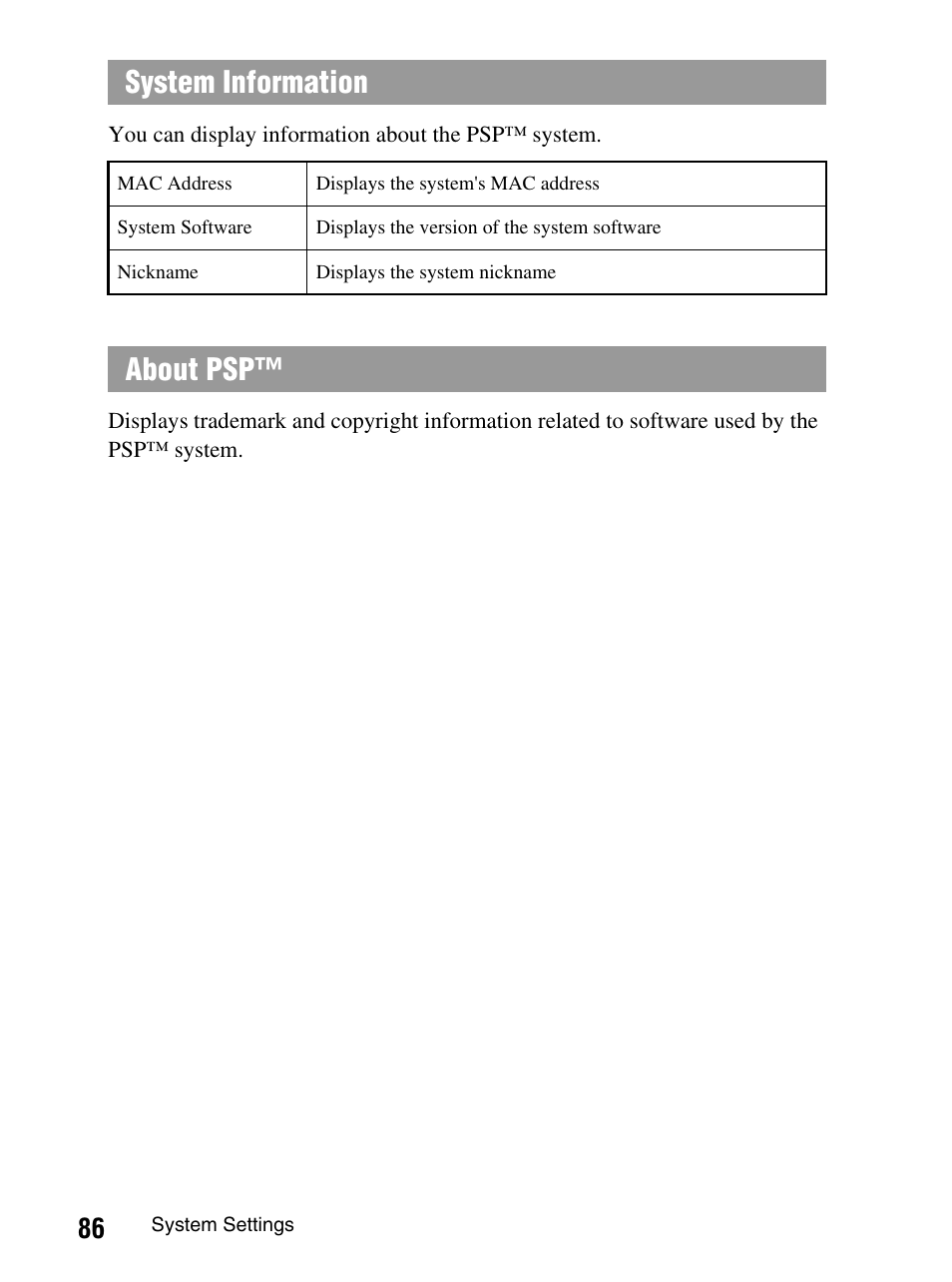 System information, About psp | Sony PlayStation Portable PSP-1003 K User Manual | Page 86 / 132