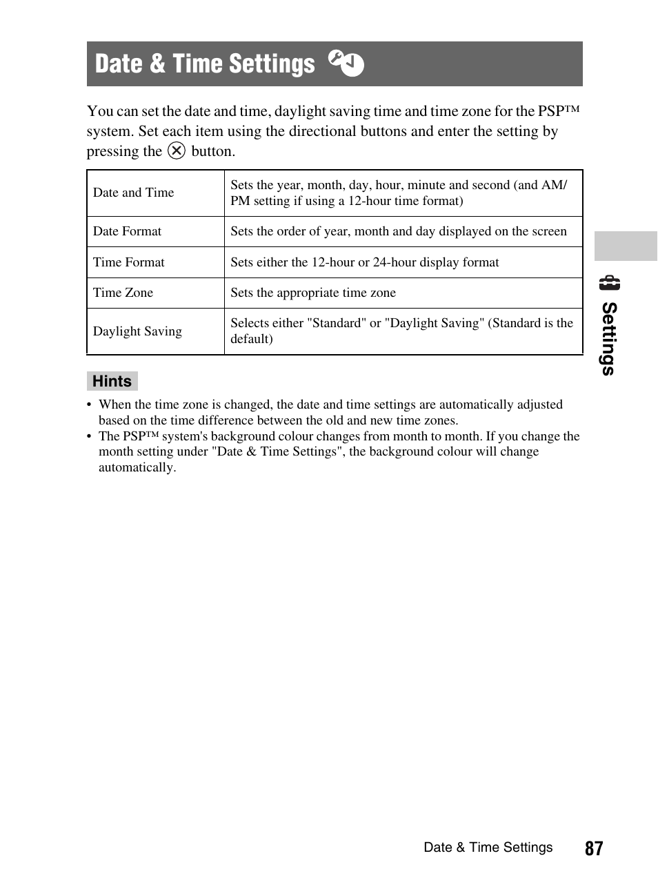 Date & time settings, 87 set tings | Sony PlayStation Portable PSP-1003 K User Manual | Page 87 / 132