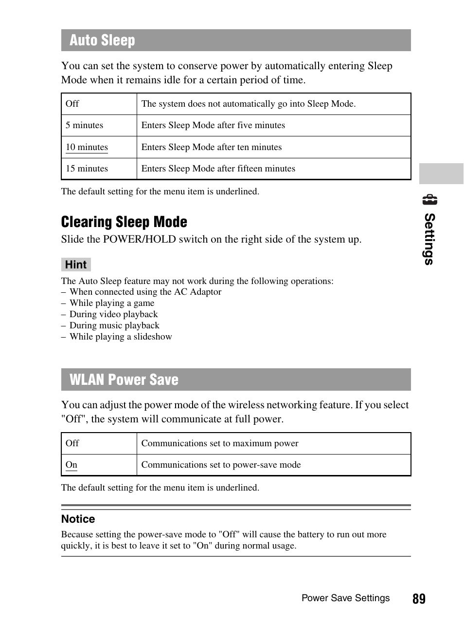 Clearing sleep mode, Auto sleep, Wlan power save | 89 set tings | Sony PlayStation Portable PSP-1003 K User Manual | Page 89 / 132