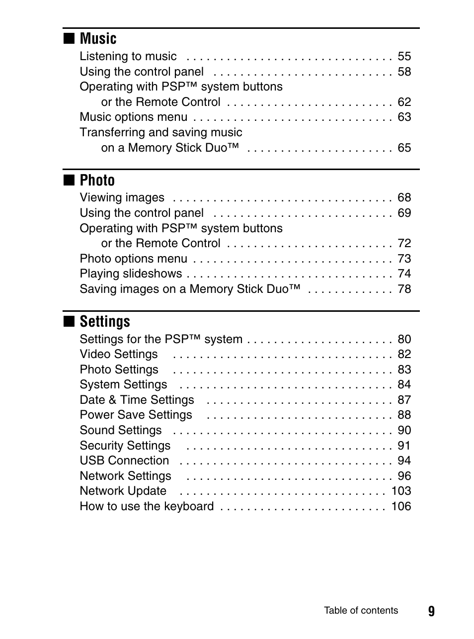 Xmusic, Xphoto, Xsettings | Sony PlayStation Portable PSP-1003 K User Manual | Page 9 / 132