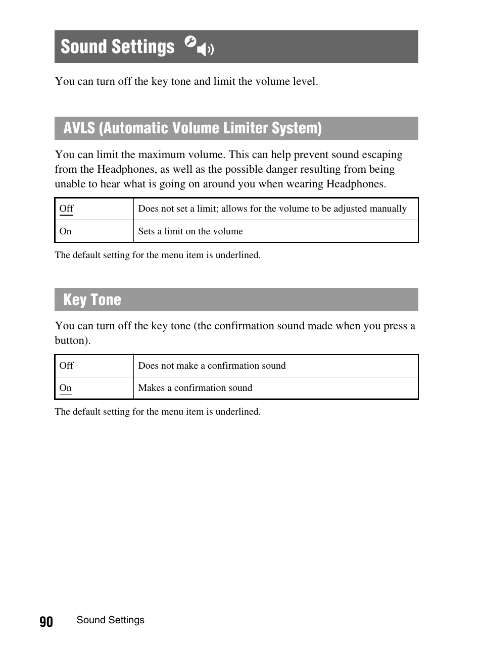 Sound settings, Avls (automatic volume limiter system), Key tone | Sony PlayStation Portable PSP-1003 K User Manual | Page 90 / 132