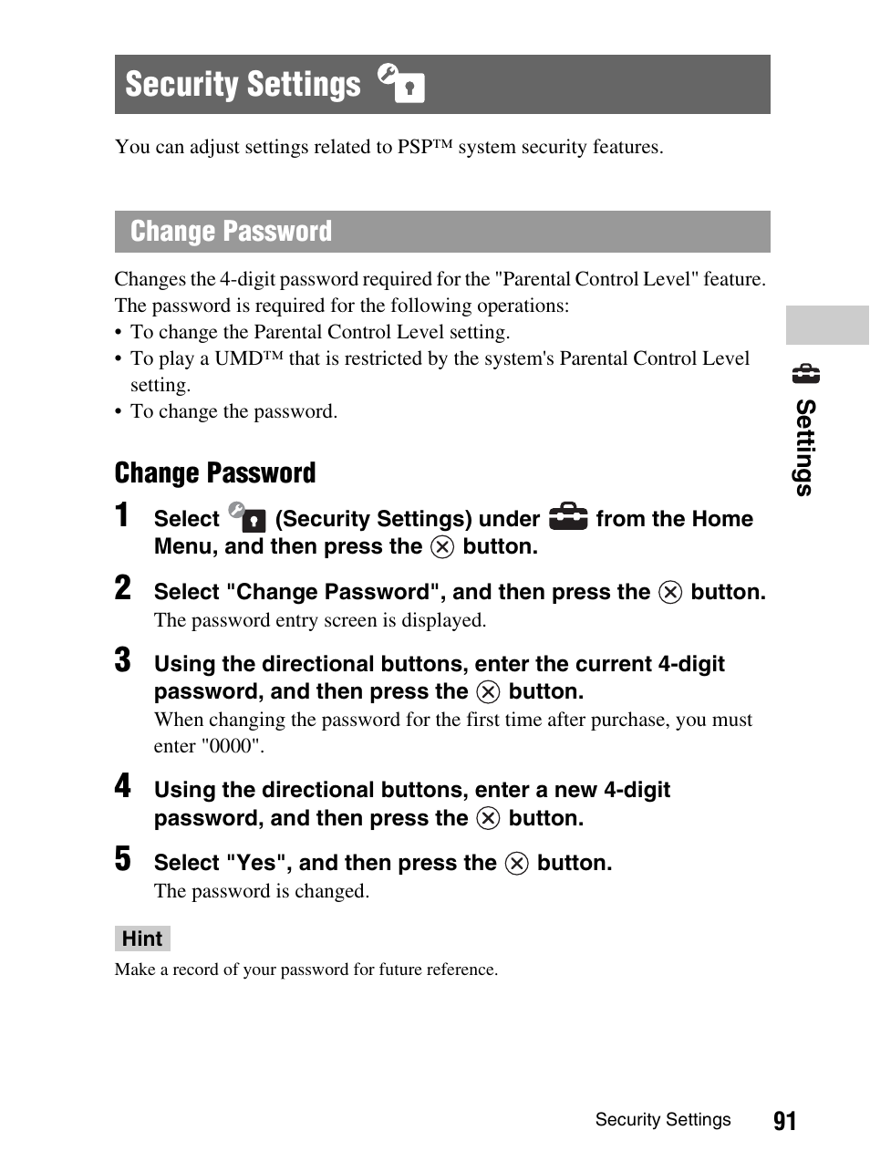 Security settings, Change password | Sony PlayStation Portable PSP-1003 K User Manual | Page 91 / 132