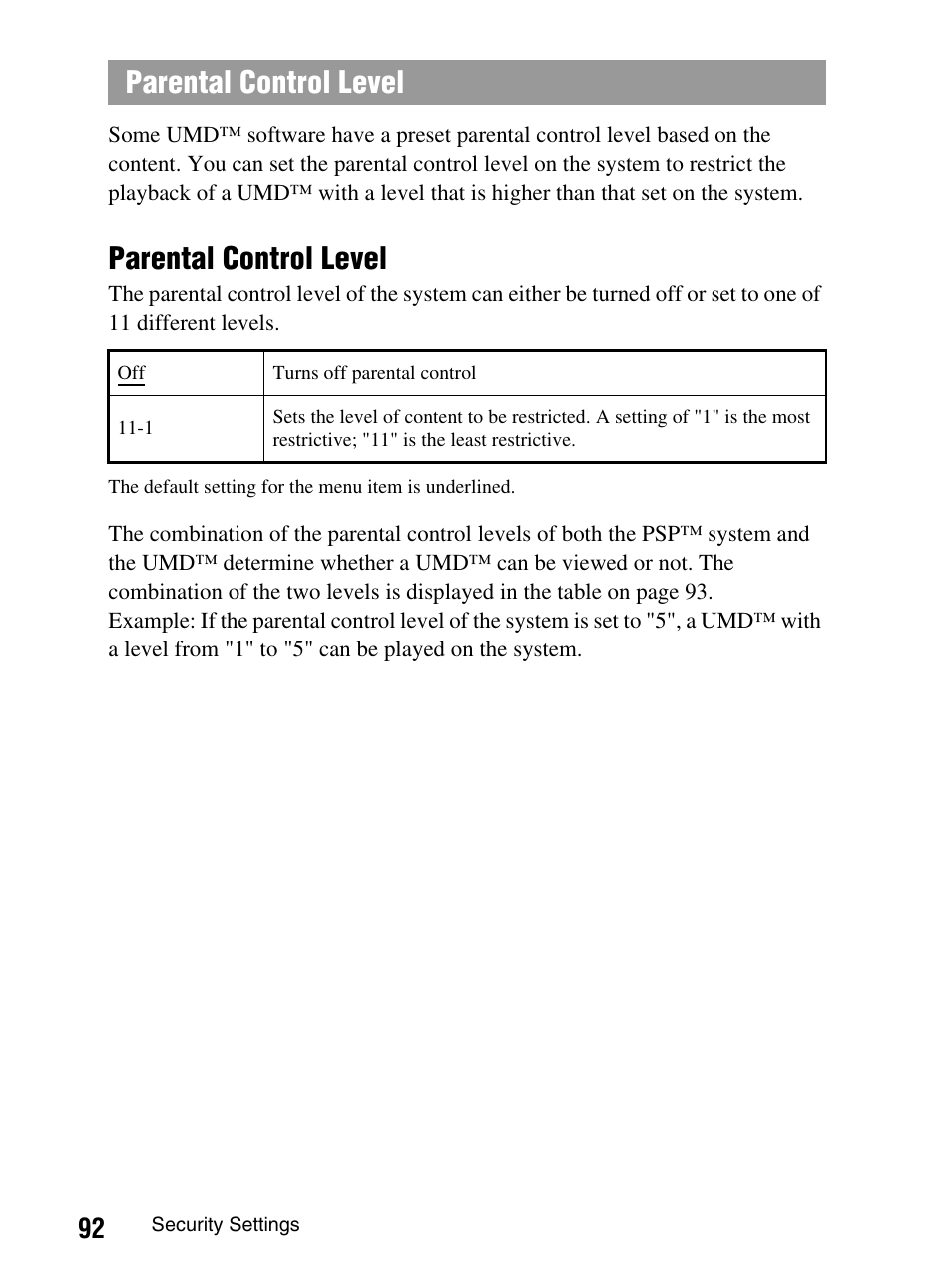 Parental control level | Sony PlayStation Portable PSP-1003 K User Manual | Page 92 / 132