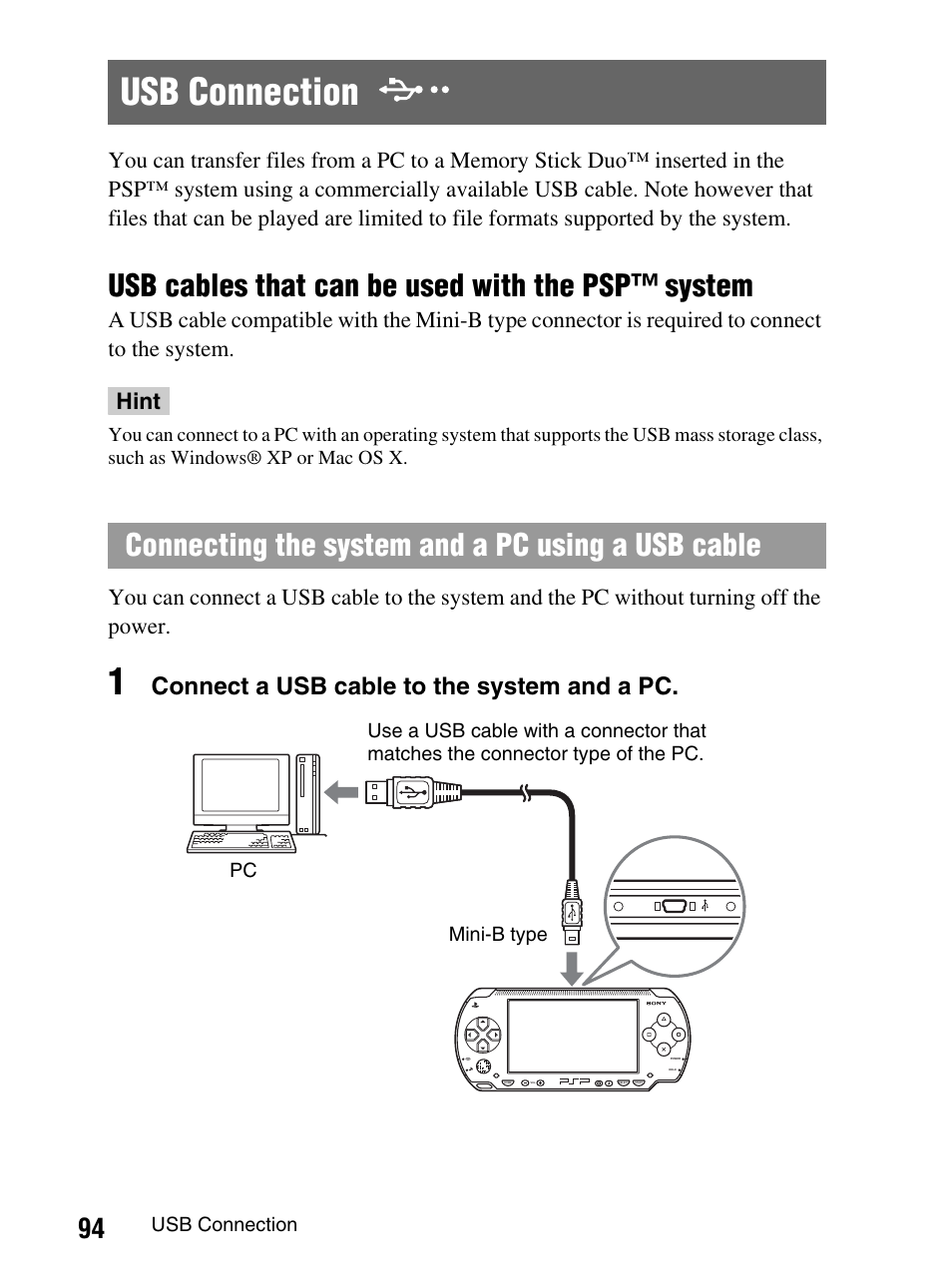 Usb connection, Usb cables that can be used with the psp™ system, Connecting the system and a pc using a usb cable | Connect a usb cable to the system and a pc | Sony PlayStation Portable PSP-1003 K User Manual | Page 94 / 132