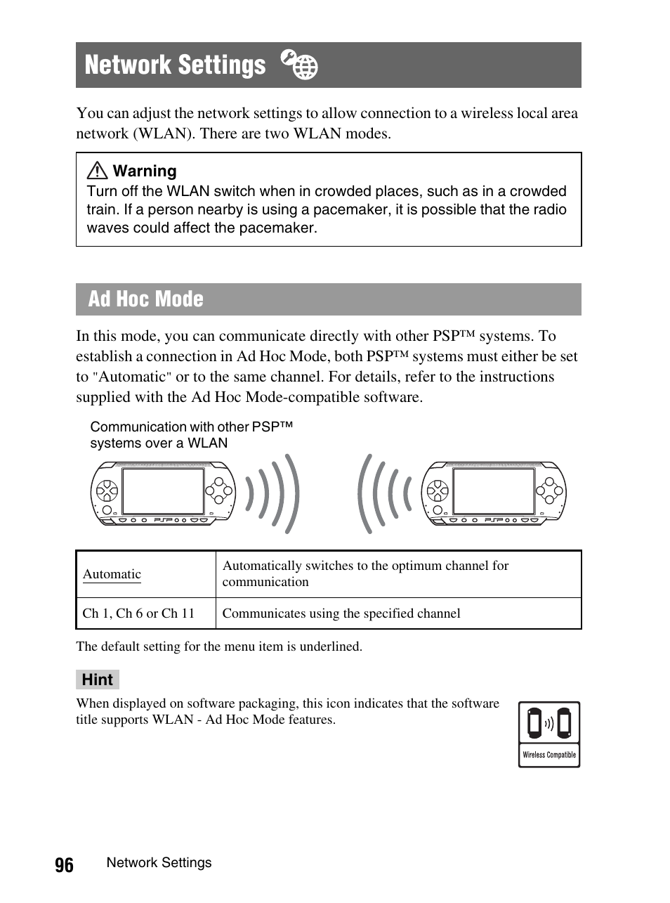 Network settings, Ad hoc mode | Sony PlayStation Portable PSP-1003 K User Manual | Page 96 / 132