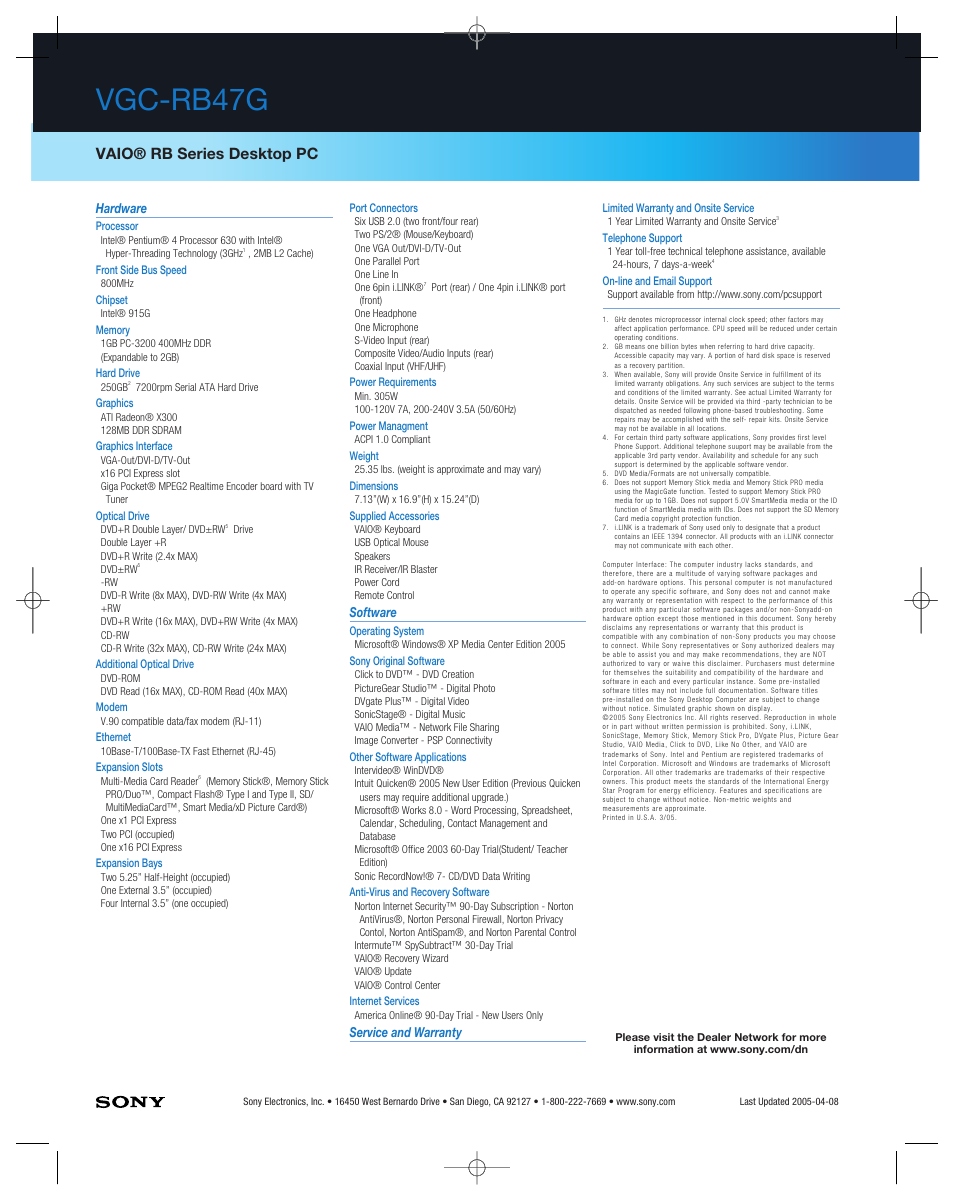 Vgc-rb47g, Vaio® rb series desktop pc | Sony VGC-RB47G User Manual | Page 2 / 2