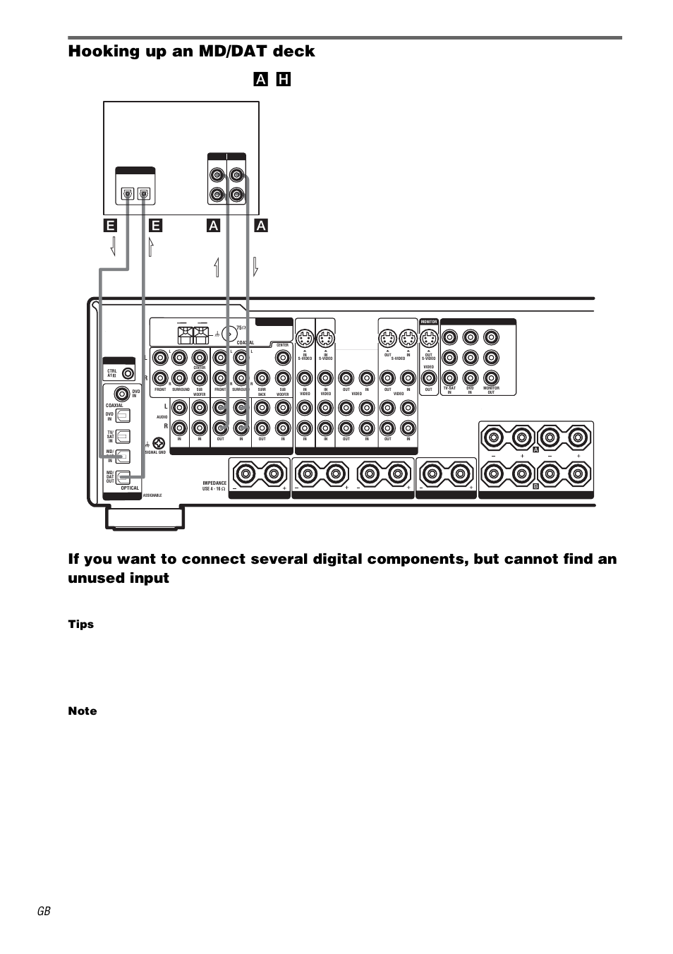 Hooking up an md/dat deck, For details on the required cords ( a, H), see page 7 | See “assigning the audio input” (page 37), Ea a, Tips, Md/dat deck | Sony STR-DB2000 User Manual | Page 10 / 60