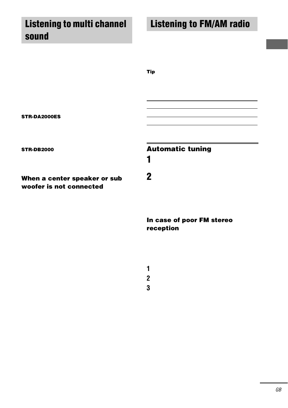 Listening to multi channel sound, Multi ch in, Listening to fm/am radio | Sony STR-DB2000 User Manual | Page 25 / 60