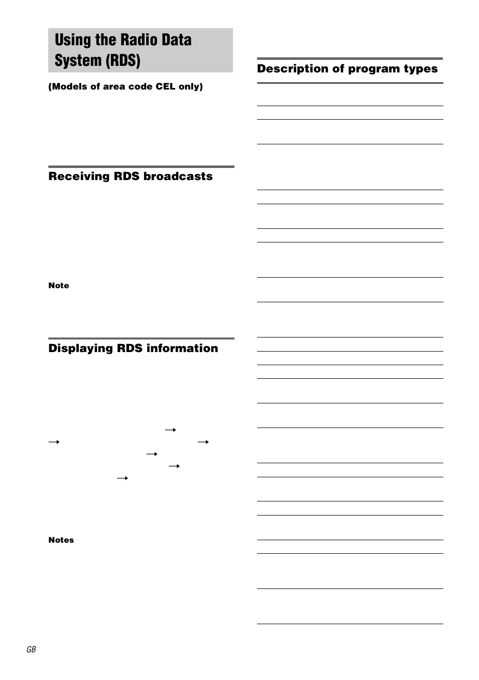 Using the radio data system (rds), Models of area code cel only), Receiving rds broadcasts | Displaying rds information, Description of program types | Sony STR-DB2000 User Manual | Page 28 / 60