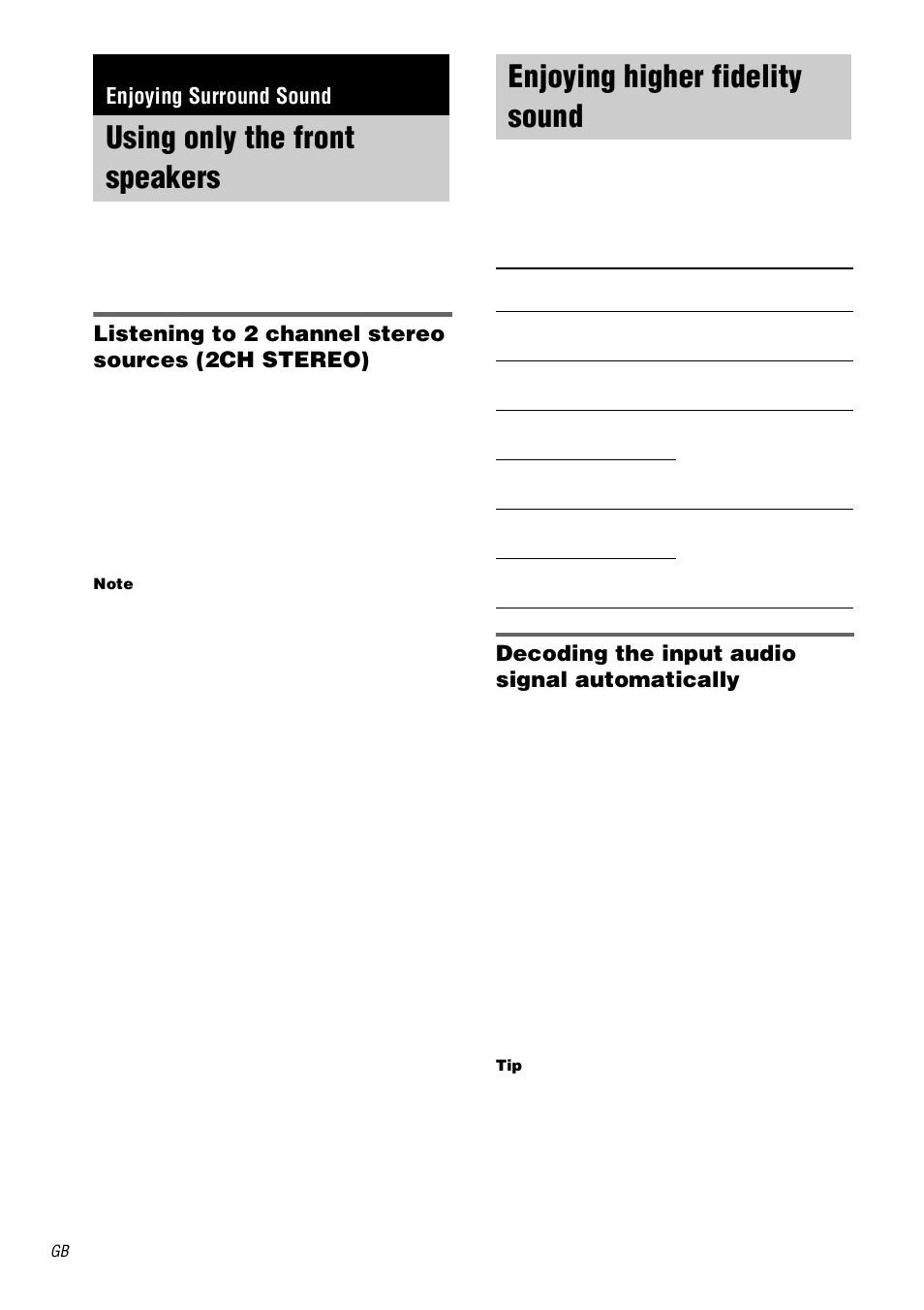 Enjoying surround sound, Using only the front speakers, Enjoying higher fidelity sound | Auto format direct, Listening to 2 channel stereo sources (2ch stereo), Decoding the input audio signal automatically | Sony STR-DB2000 User Manual | Page 32 / 60