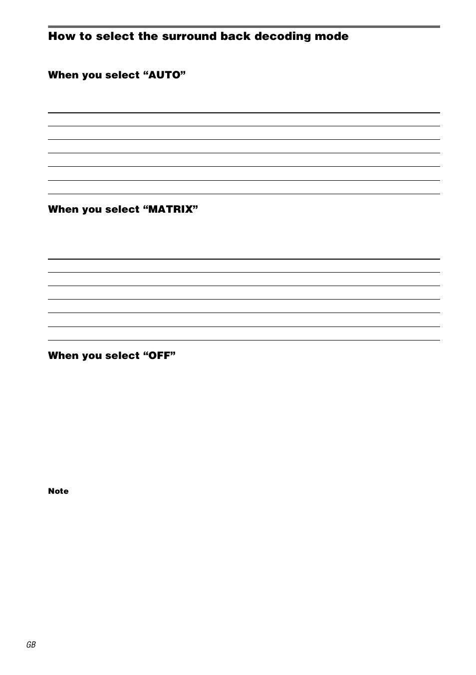 How to select the surround back decoding mode, When you select “auto, When you select “matrix | When you select “off | Sony STR-DB2000 User Manual | Page 36 / 60