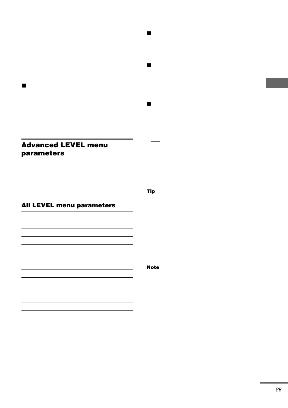 Advanced level menu parameters, All level menu parameters | Sony STR-DB2000 User Manual | Page 43 / 60