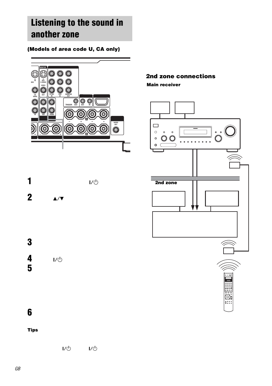 Listening to the sound in another zone, Models of area code u, ca only), Listening to the sound in another zone. 48 | 2nd zone connections, Press v/v on the remote to select “2nd, Turn on the main receiver (this receiver), Press ?/1 on the remote | Sony STR-DB2000 User Manual | Page 48 / 60