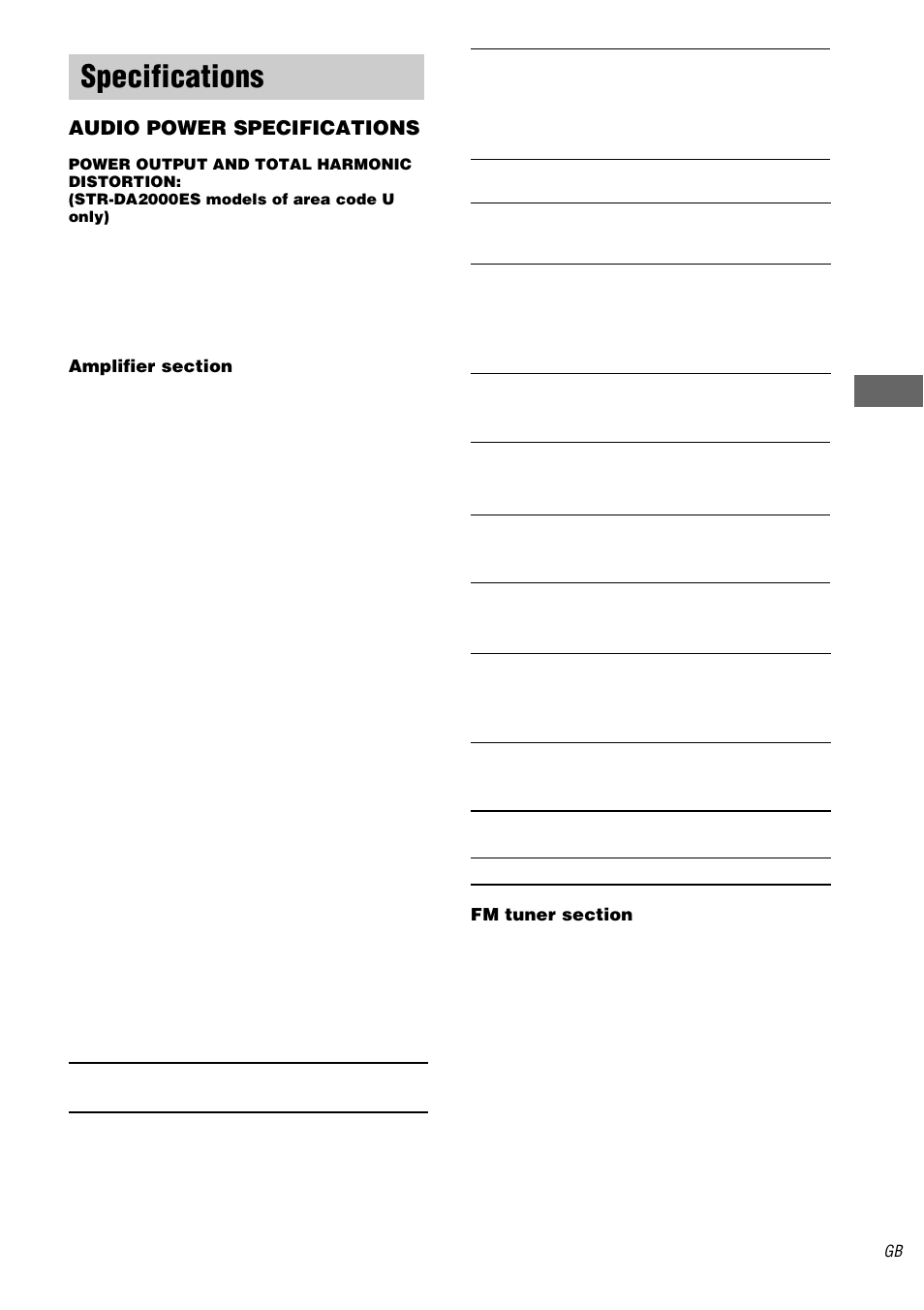 Specifications, Ad di tiona l in fo rm ation, Audio power specifications | Sony STR-DB2000 User Manual | Page 55 / 60