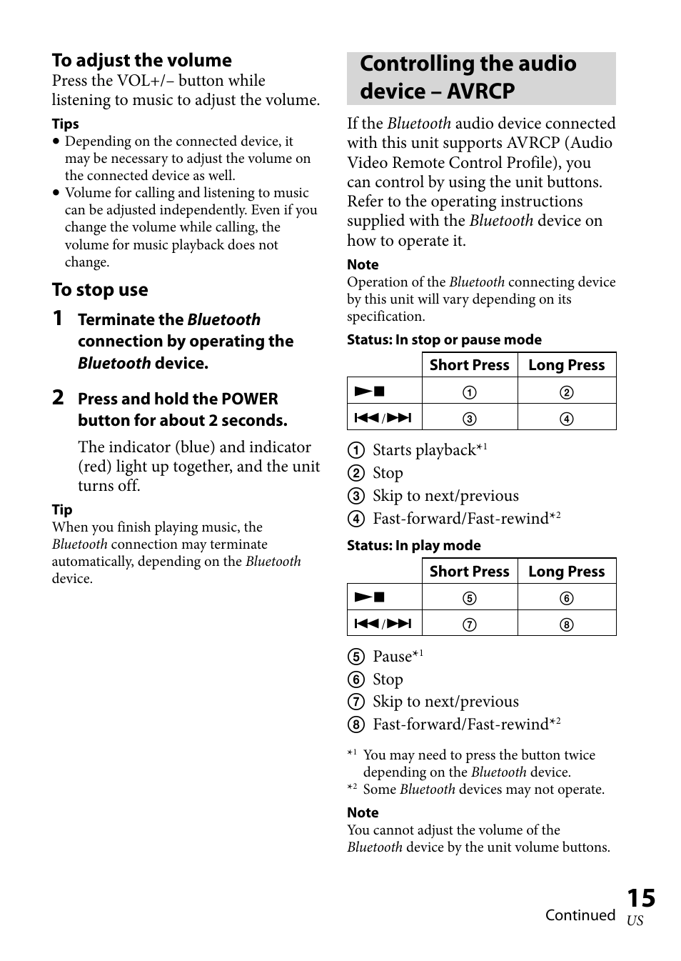 Controlling the audio device – avrcp, Controlling the audio device, Avrcp | Sony 4-130-181-52(1) User Manual | Page 15 / 56