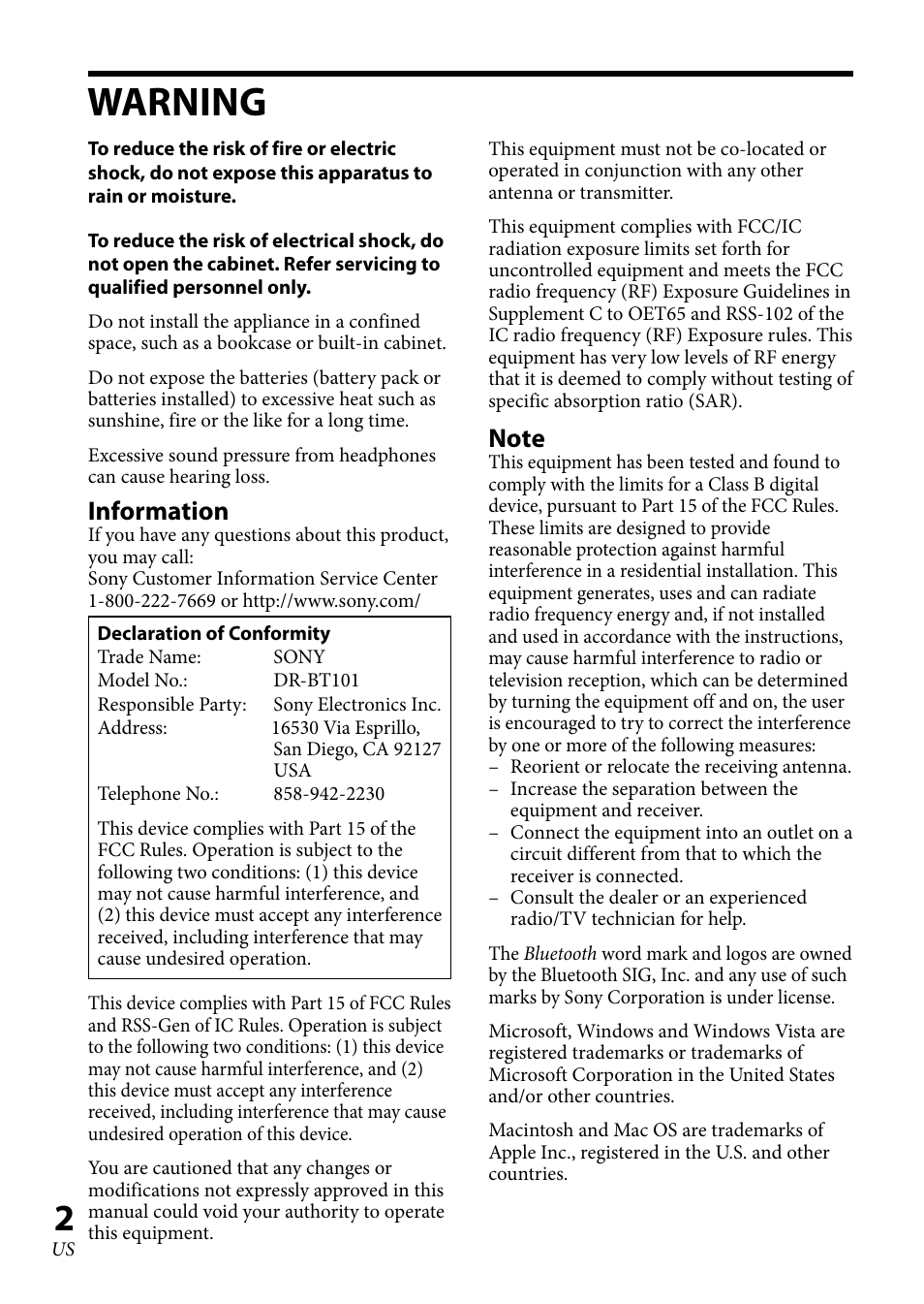 Warning, Information | Sony 4-130-181-52(1) User Manual | Page 2 / 56
