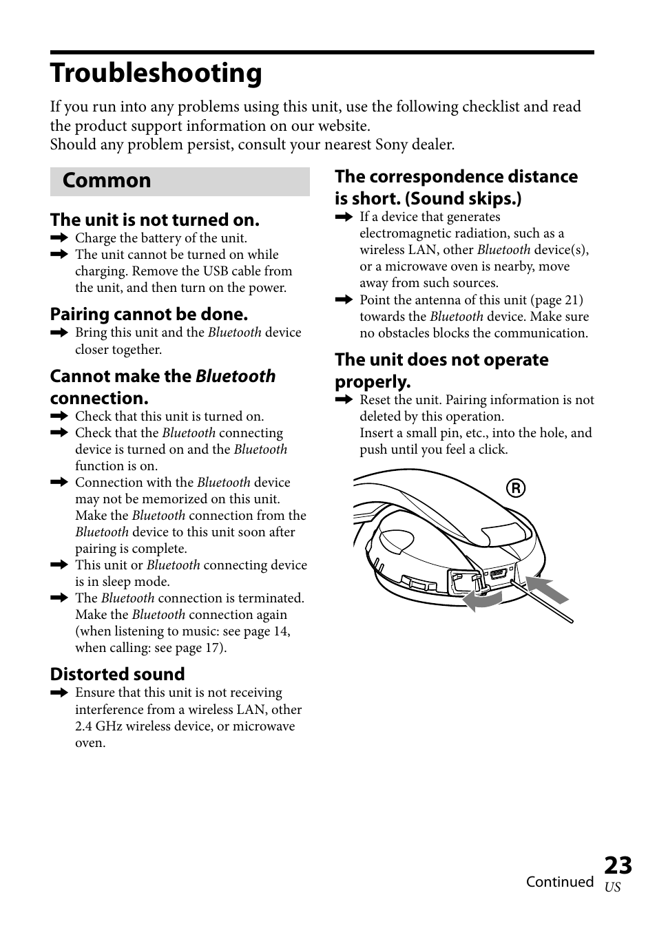 Troubleshooting, Common, The unit is not turned on | Pairing cannot be done, Cannot make the bluetooth connection, Distorted sound, The unit does not operate properly | Sony 4-130-181-52(1) User Manual | Page 23 / 56