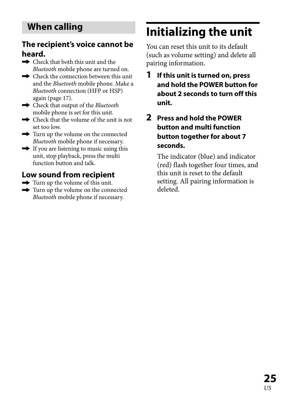 When calling, Initializing the unit | Sony 4-130-181-52(1) User Manual | Page 25 / 56
