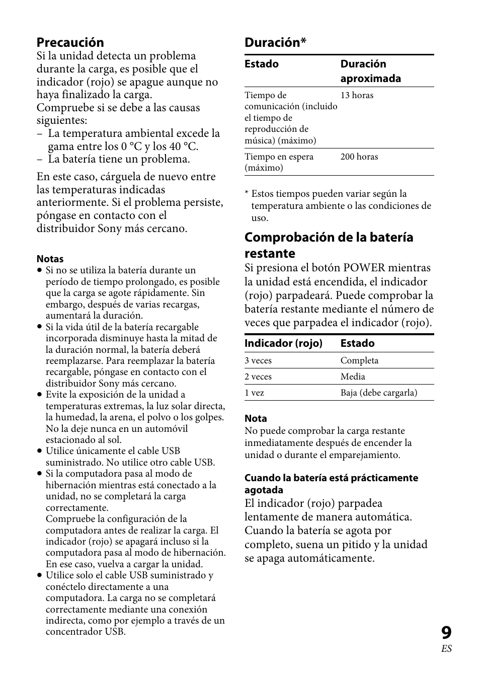 Precaución, Duración, Comprobación de la batería restante | Sony 4-130-181-52(1) User Manual | Page 35 / 56