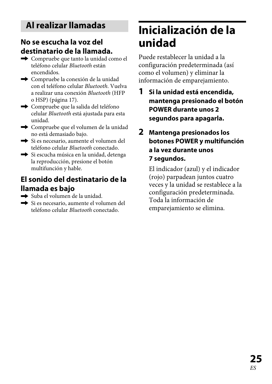 Al realizar llamadas, Inicialización de la unidad, Inicialización de la | Unidad | Sony 4-130-181-52(1) User Manual | Page 51 / 56