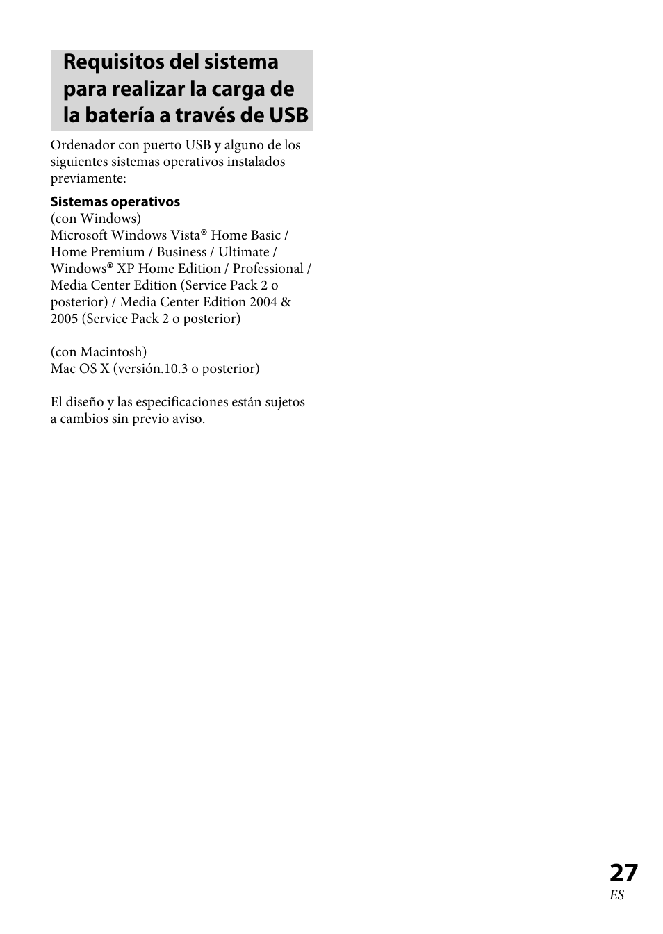 Requisitos del sistema para realizar, La carga de la batería a través de | Sony 4-130-181-52(1) User Manual | Page 53 / 56