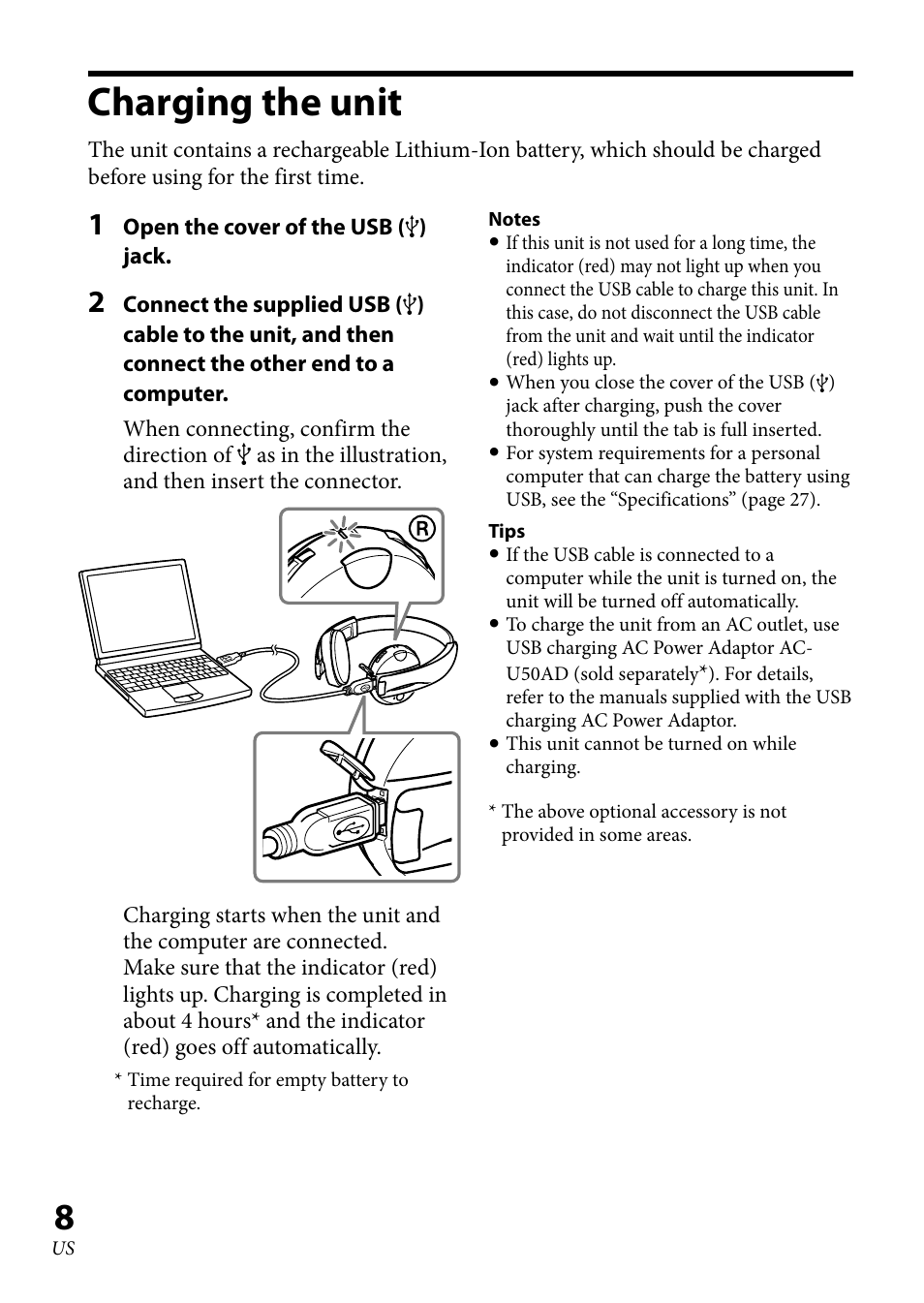 Charging the unit | Sony 4-130-181-52(1) User Manual | Page 8 / 56