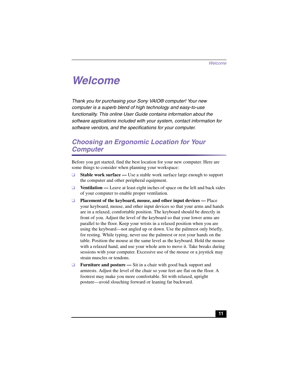 Welcome, Choosing an ergonomic location for your computer | Sony PCV-J200 User Manual | Page 11 / 94