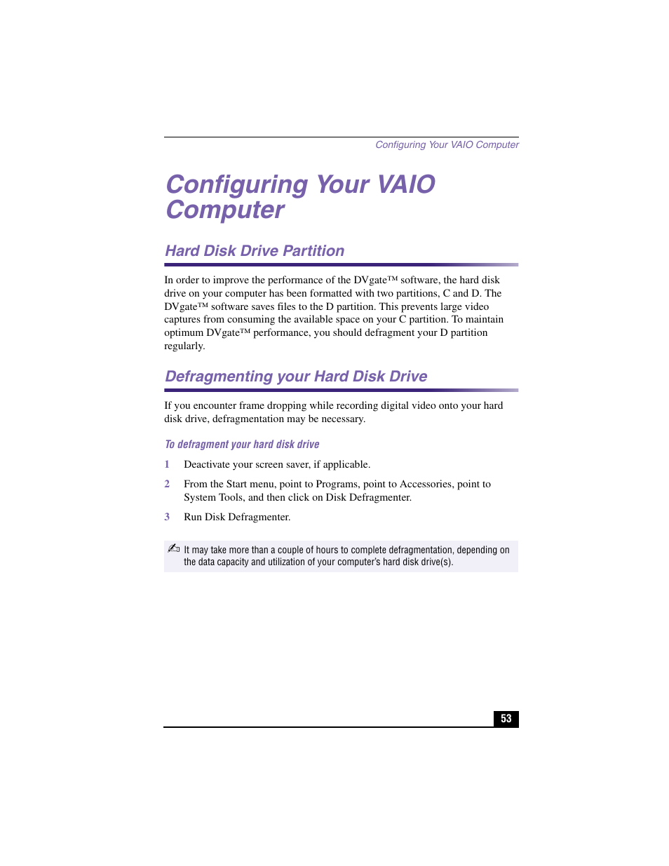 Configuring your vaio computer, Hard disk drive partition, Defragmenting your hard disk drive | Sony PCV-J200 User Manual | Page 53 / 94