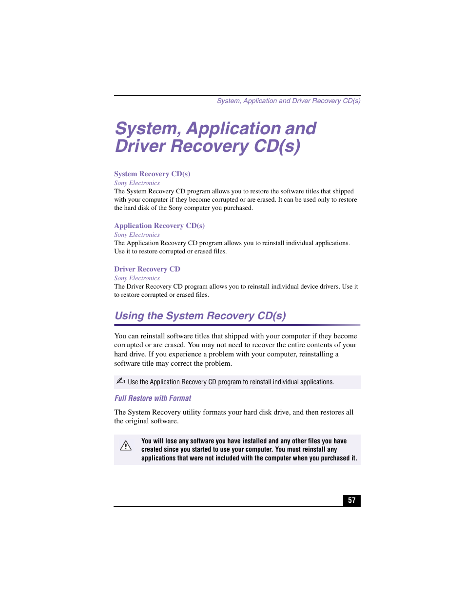 System, application and driver recovery cd(s), Using the system recovery cd(s) | Sony PCV-J200 User Manual | Page 57 / 94