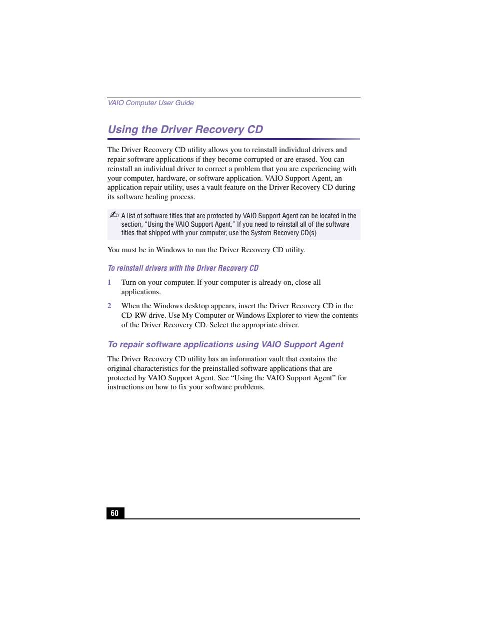 Using the driver recovery cd | Sony PCV-J200 User Manual | Page 60 / 94