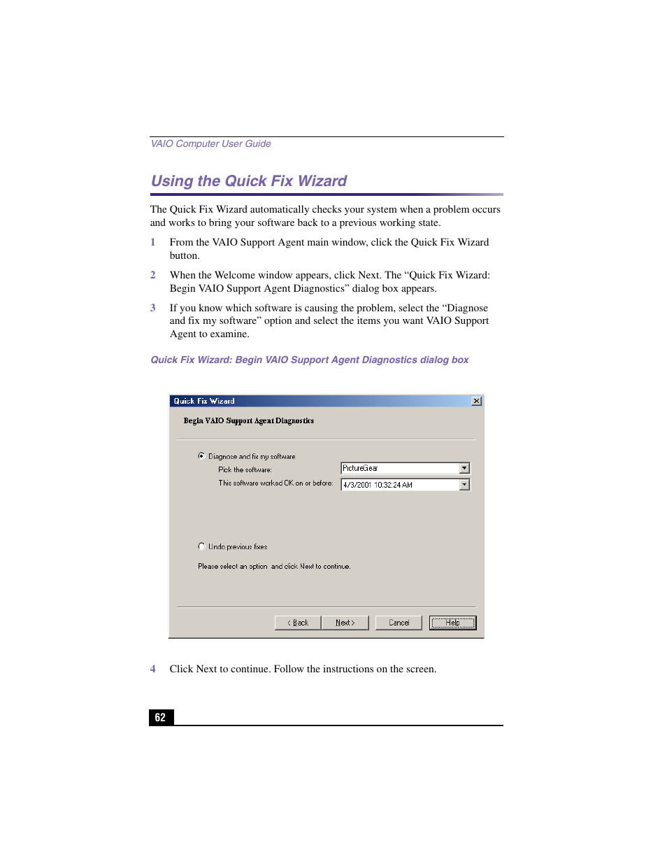 Using the quick fix wizard | Sony PCV-J200 User Manual | Page 62 / 94