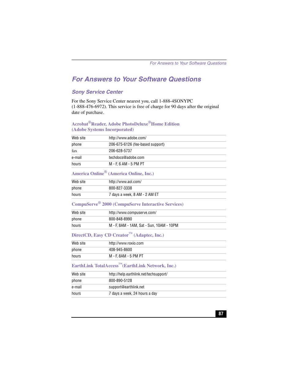 For answers to your software questions | Sony PCV-J200 User Manual | Page 87 / 94