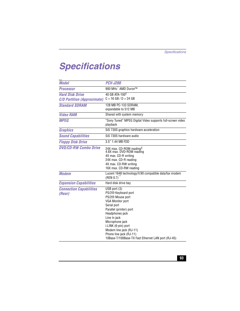 Specifications | Sony PCV-J200 User Manual | Page 93 / 94