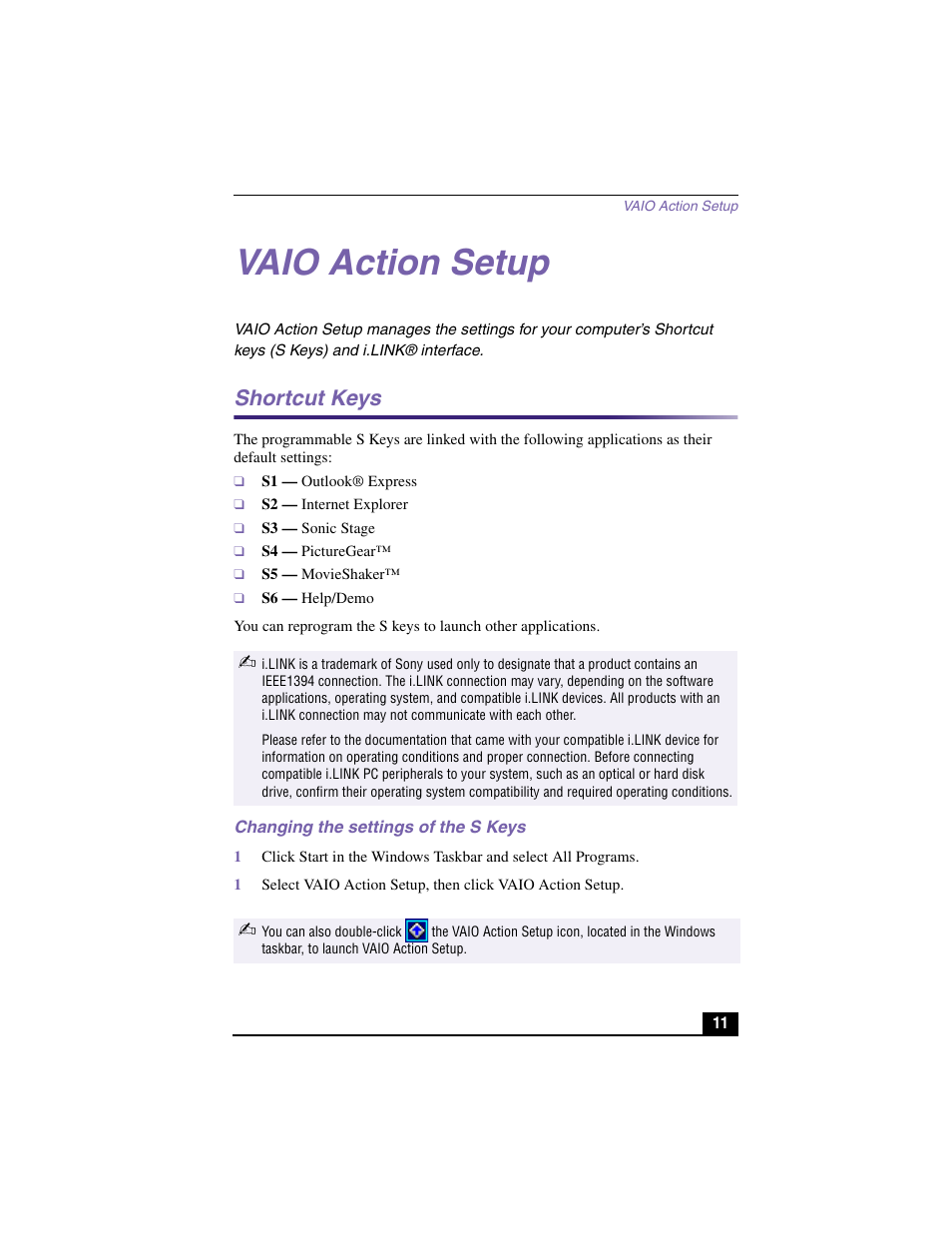 Vaio action setup, Shortcut keys | Sony PCV-RX540 User Manual | Page 10 / 29