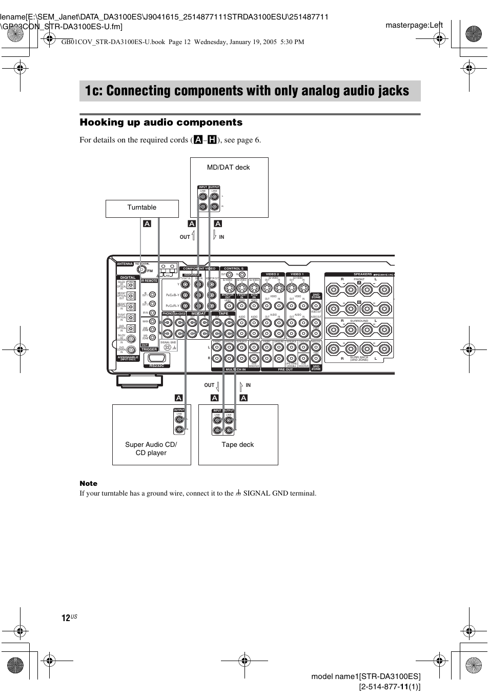 1c: connecting components with, Only analog audio jacks, Hooking up audio components | For details on the required cords ( a, H), see page 6 | Sony STR-DA3100ES User Manual | Page 12 / 80