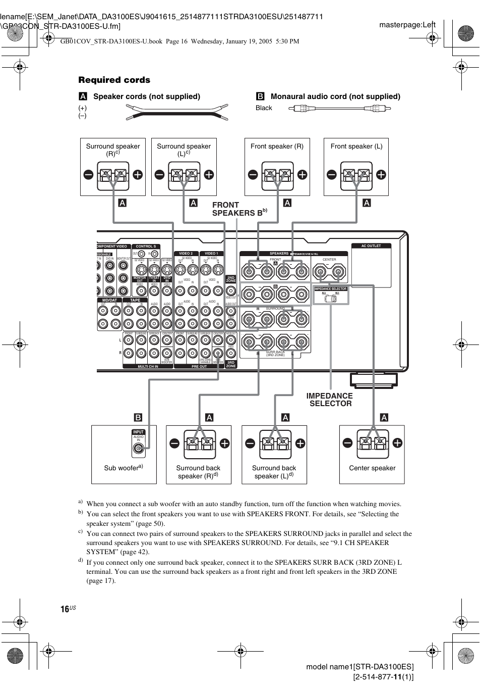 Required cords, A speaker cords (not supplied), B monaural audio cord (not supplied) | Ab front speakers b, Impedance selector | Sony STR-DA3100ES User Manual | Page 16 / 80