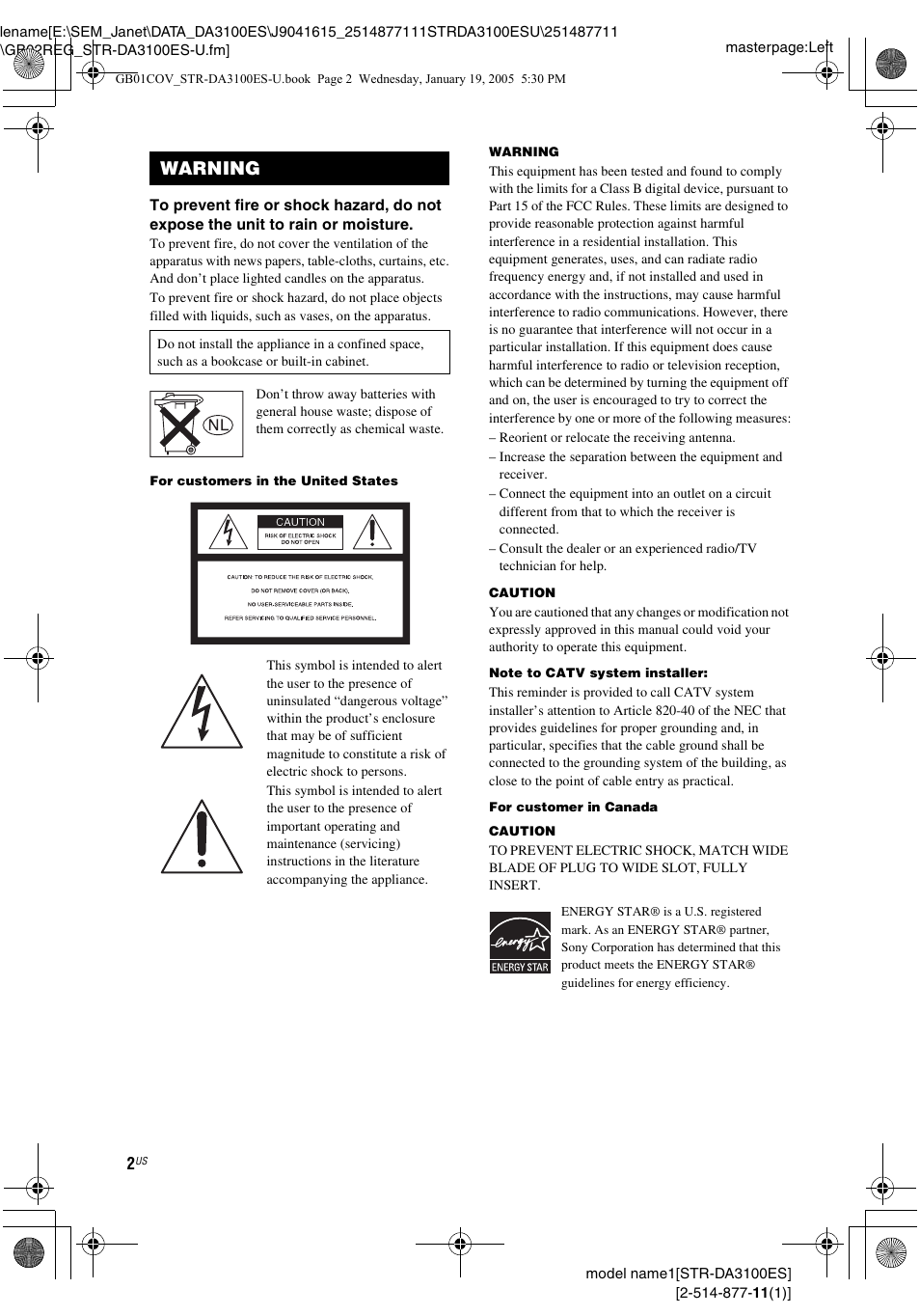 Warning | Sony STR-DA3100ES User Manual | Page 2 / 80