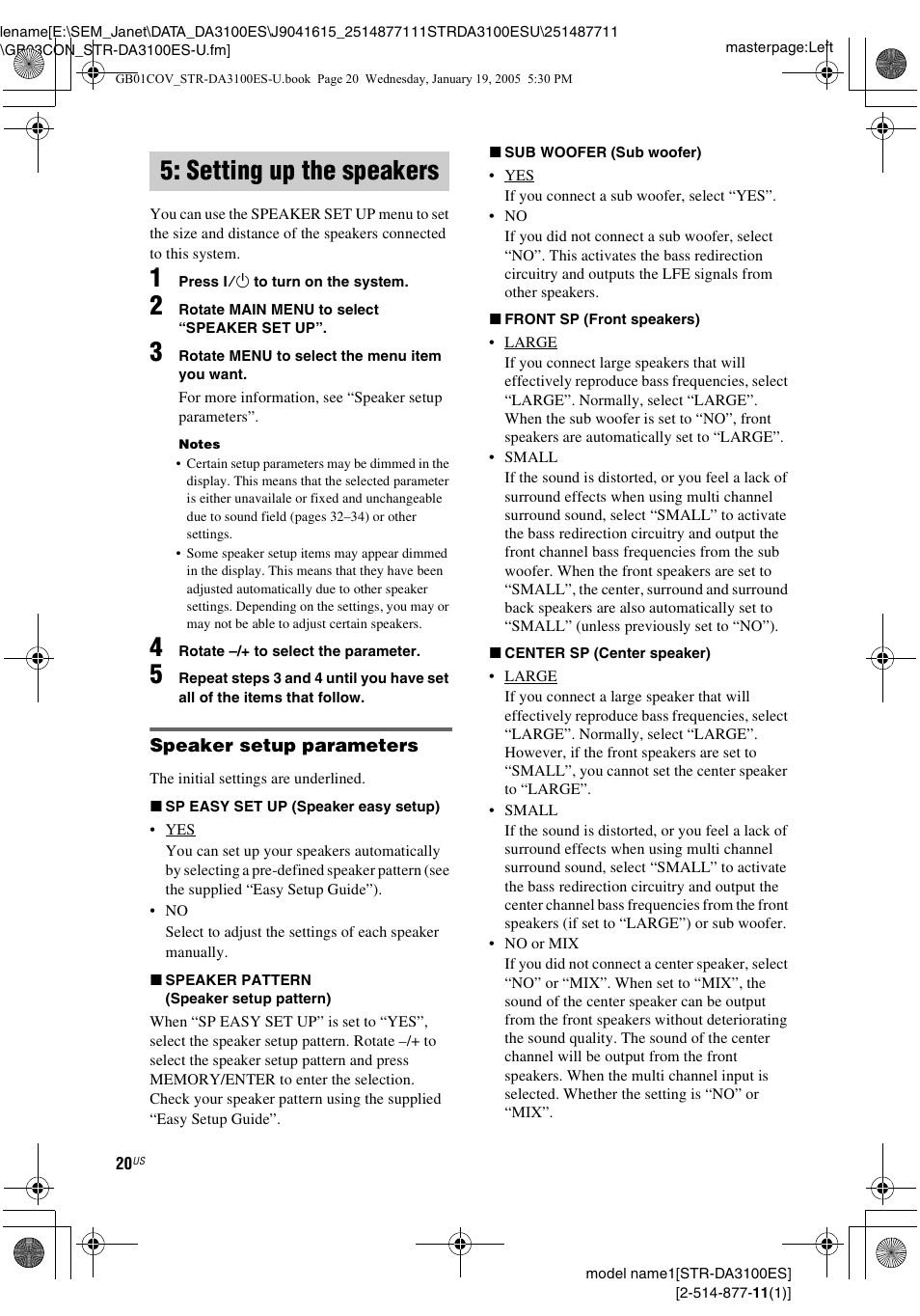 Setting up the speakers | Sony STR-DA3100ES User Manual | Page 20 / 80