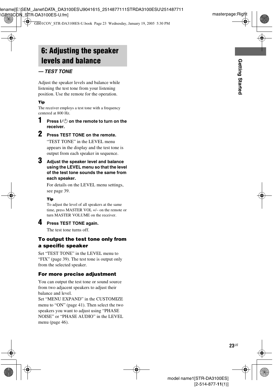 Adjusting the speaker levels and balance, Test tone, Adjusting the speaker levels and | Balance — test tone | Sony STR-DA3100ES User Manual | Page 23 / 80