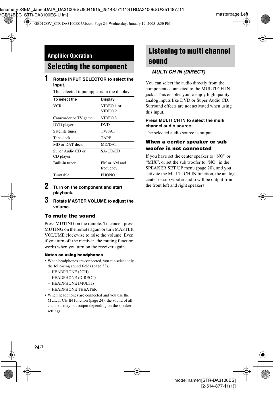 Amplifier operation, Selecting the component, Listening to multi channel sound | Multi ch in (direct) | Sony STR-DA3100ES User Manual | Page 24 / 80