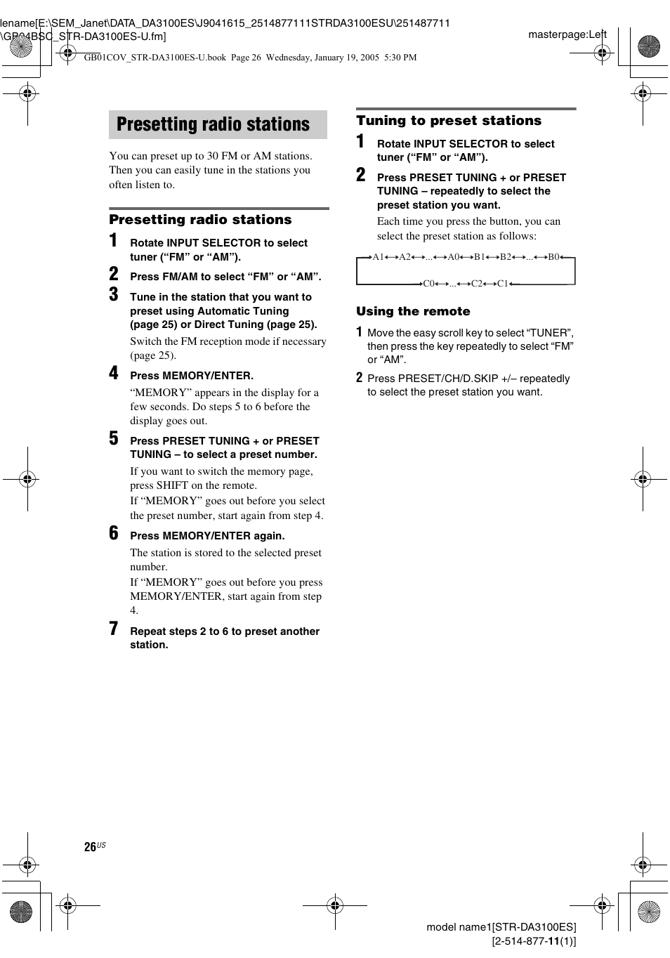 Presetting radio stations | Sony STR-DA3100ES User Manual | Page 26 / 80