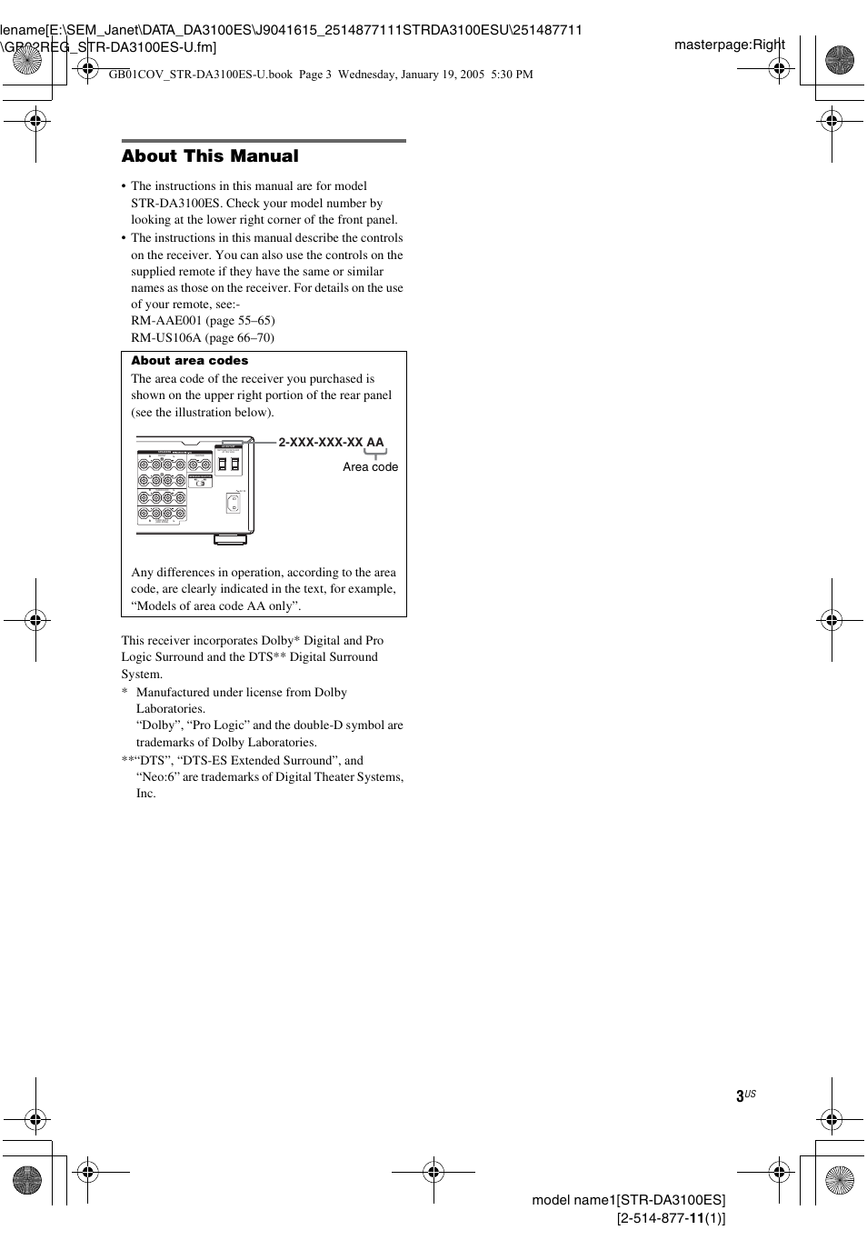 About this manual, About area codes | Sony STR-DA3100ES User Manual | Page 3 / 80