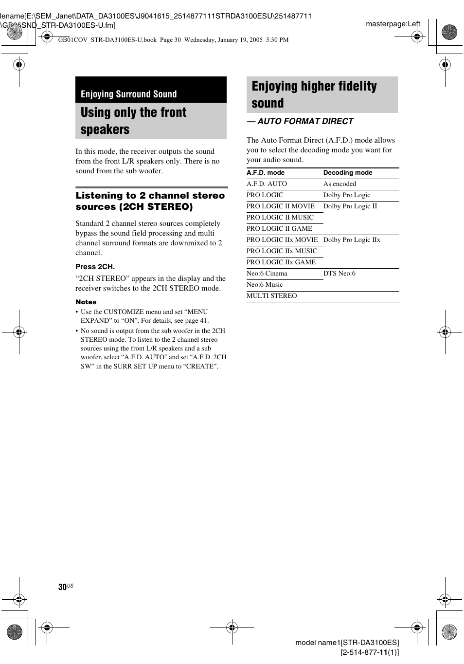 Enjoying surround sound, Using only the front speakers, Enjoying higher fidelity sound | Auto format direct, Listening to 2 channel stereo sources (2ch stereo) | Sony STR-DA3100ES User Manual | Page 30 / 80