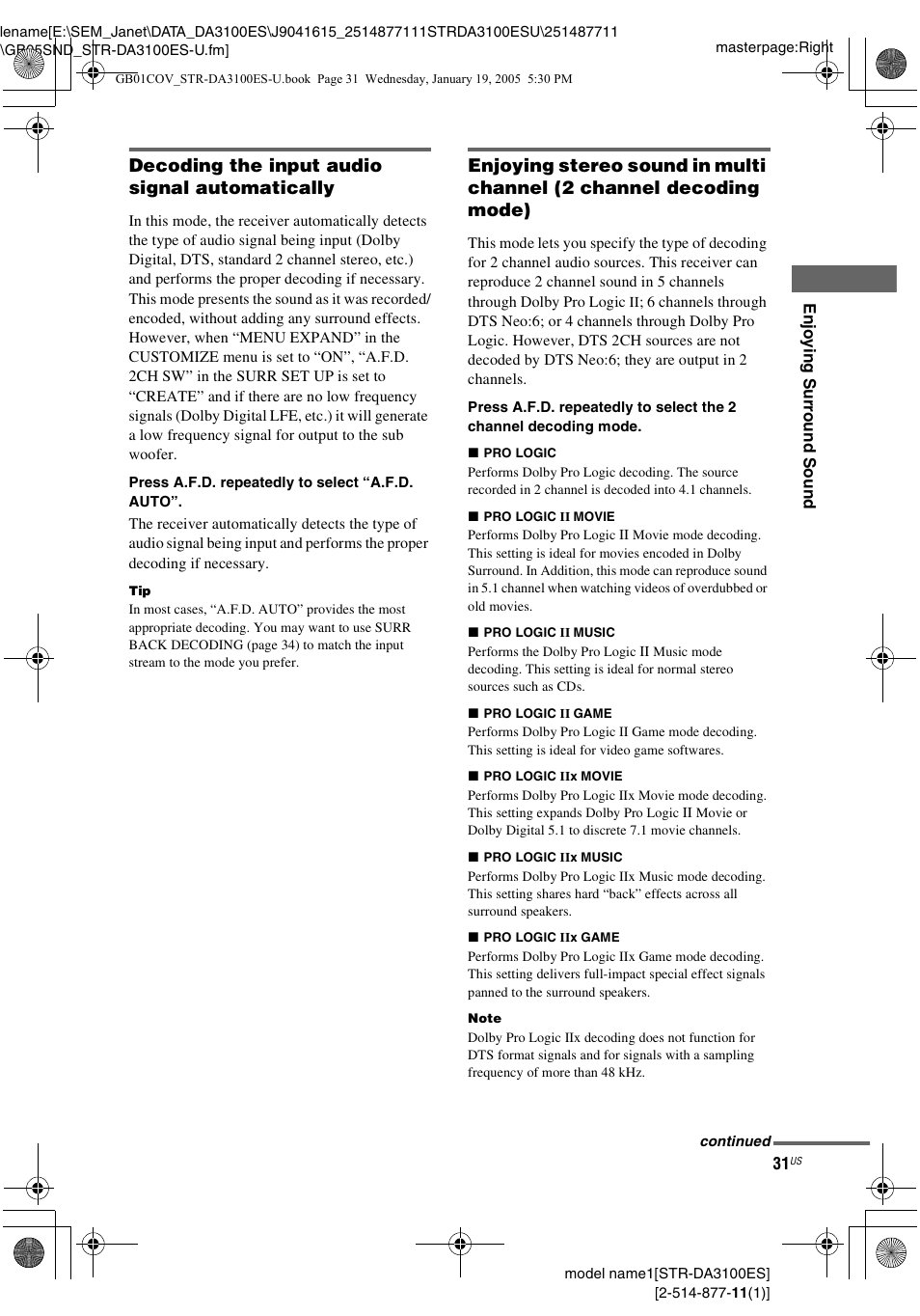 Decoding the input audio signal automatically | Sony STR-DA3100ES User Manual | Page 31 / 80