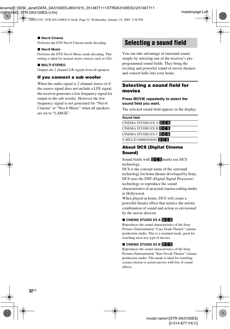 Selecting a sound field, Selecting a sound field for movies | Sony STR-DA3100ES User Manual | Page 32 / 80