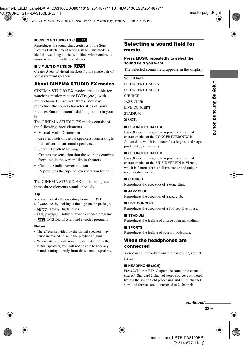 Selecting a sound field for music | Sony STR-DA3100ES User Manual | Page 33 / 80