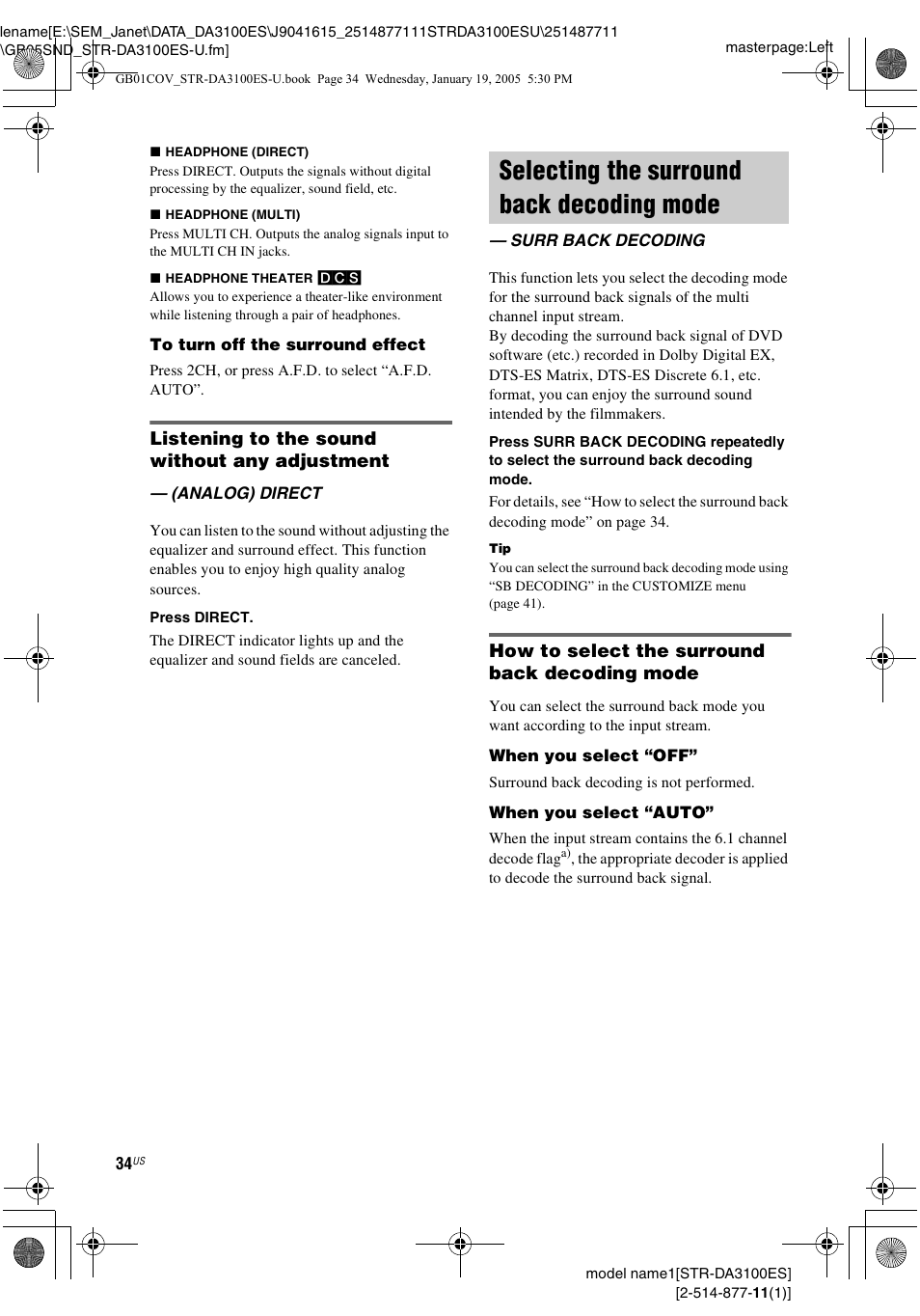 Selecting the surround back decoding mode, Surr back decoding, Selecting the surround back decoding | Mode — surr back decoding, Listening to the sound without any adjustment, How to select the surround back decoding mode | Sony STR-DA3100ES User Manual | Page 34 / 80